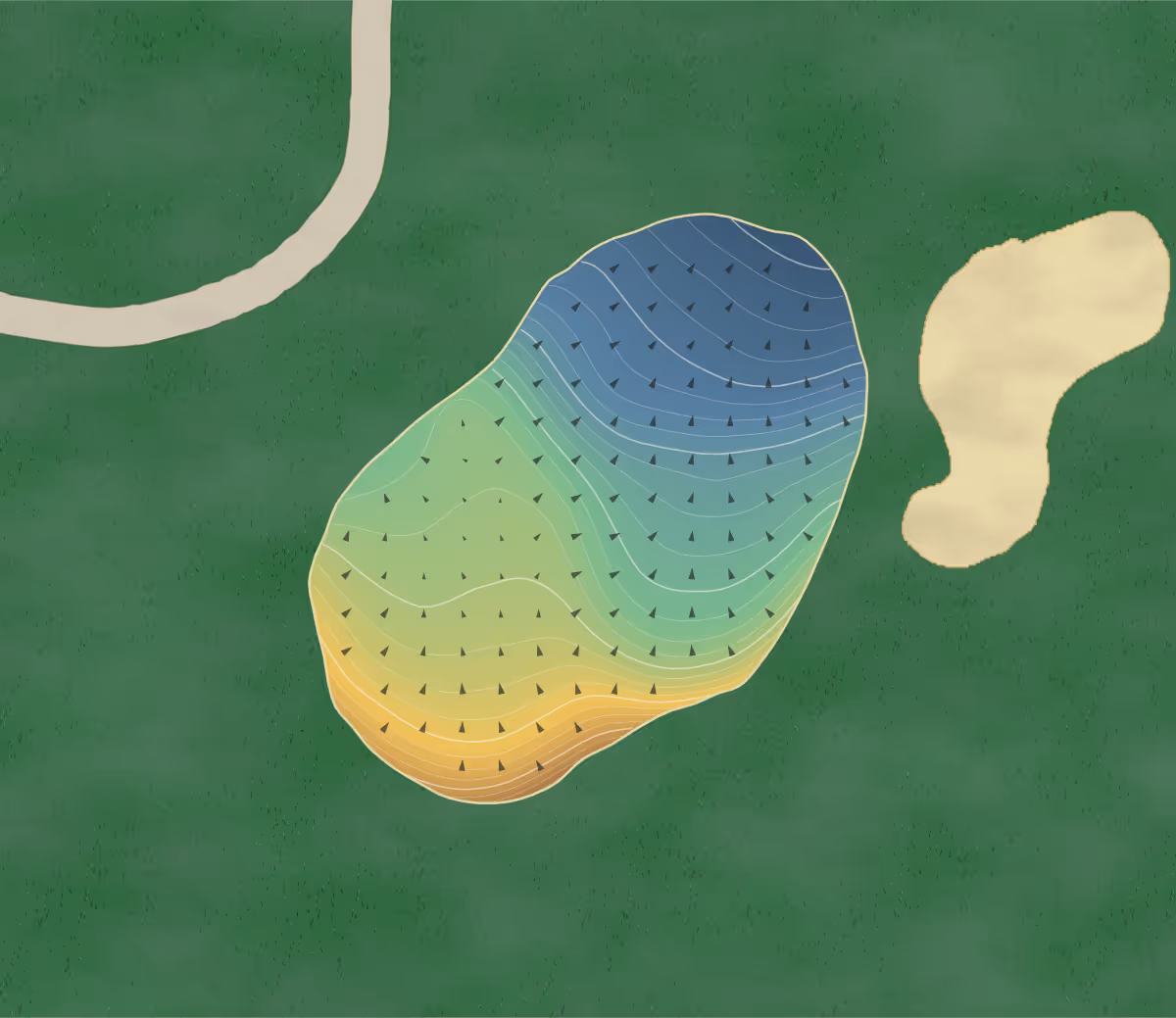Green contour map of Sirocco in Calgary, Canada — 280 elevation contours at a 8-centimeter interval with fall-line arrows, traced from 1-meter lidar