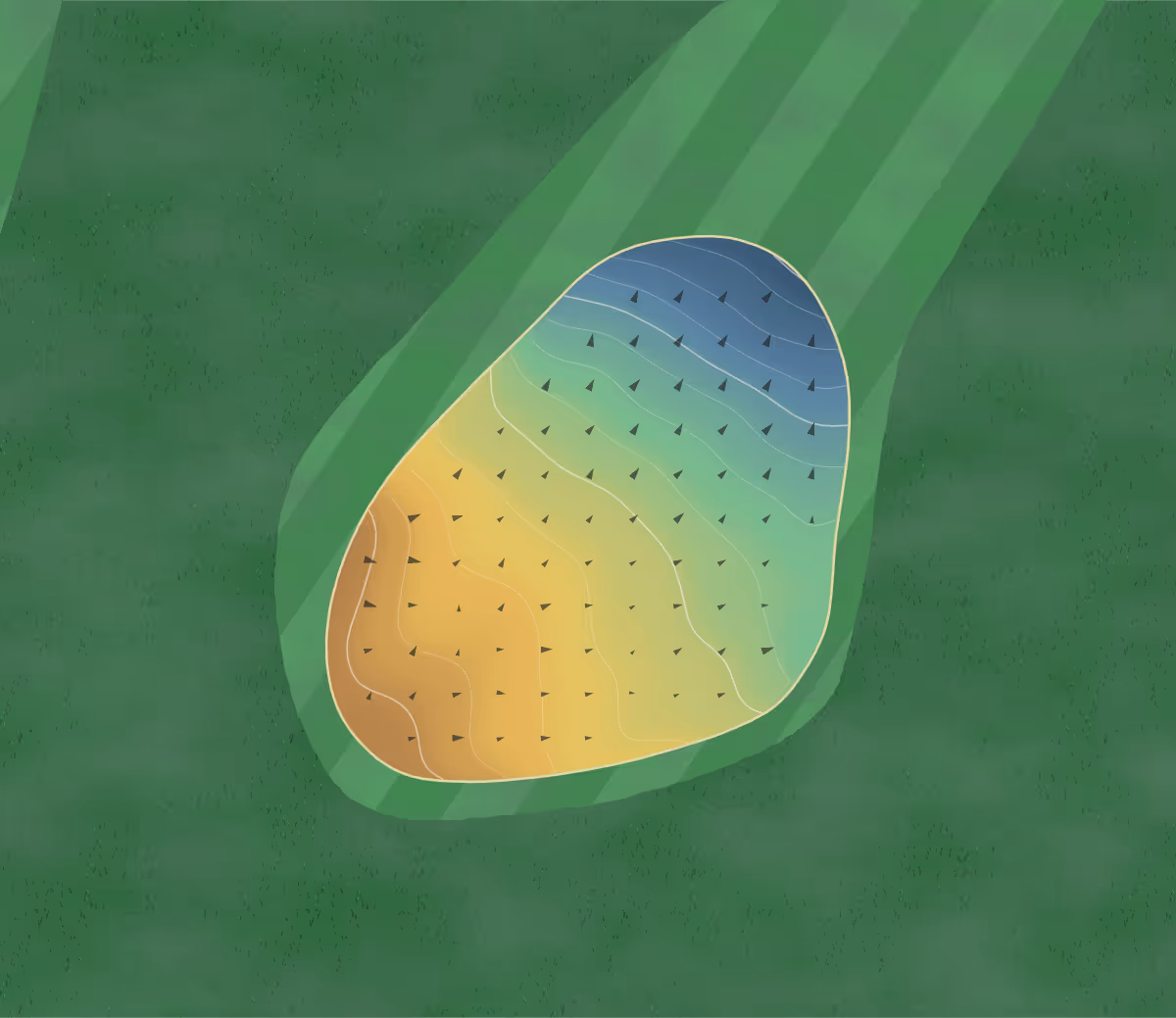 Green contour map of Skaha Meadows in Penticton, Canada: 67 elevation contours at a 8-centimeter interval with fall-line arrows, traced from 1-meter lidar