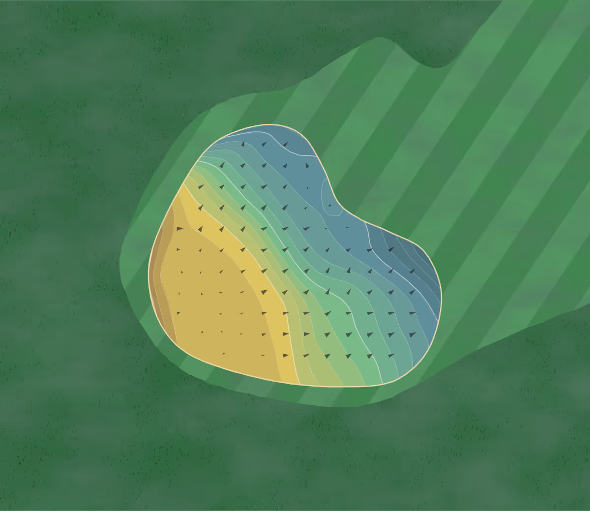 Green contour map of Skipton GC in Skipton, England — 177 elevation contours at a 8-centimeter interval with fall-line arrows, traced from 1-meter lidar