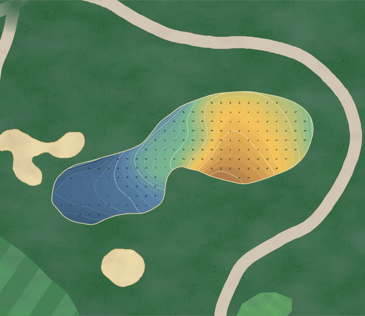 Green contour map of Skye Golf Course in Upson, Wisconsin — 253 elevation contours at a 3-inch interval with fall-line arrows, traced from 1-meter lidar