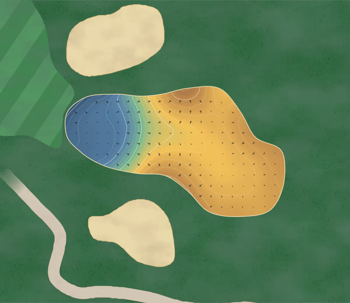 Green contour map of Slaley Hall in Hexham, England: 177 elevation contours at a 8-centimeter interval with fall-line arrows, traced from 1-meter lidar