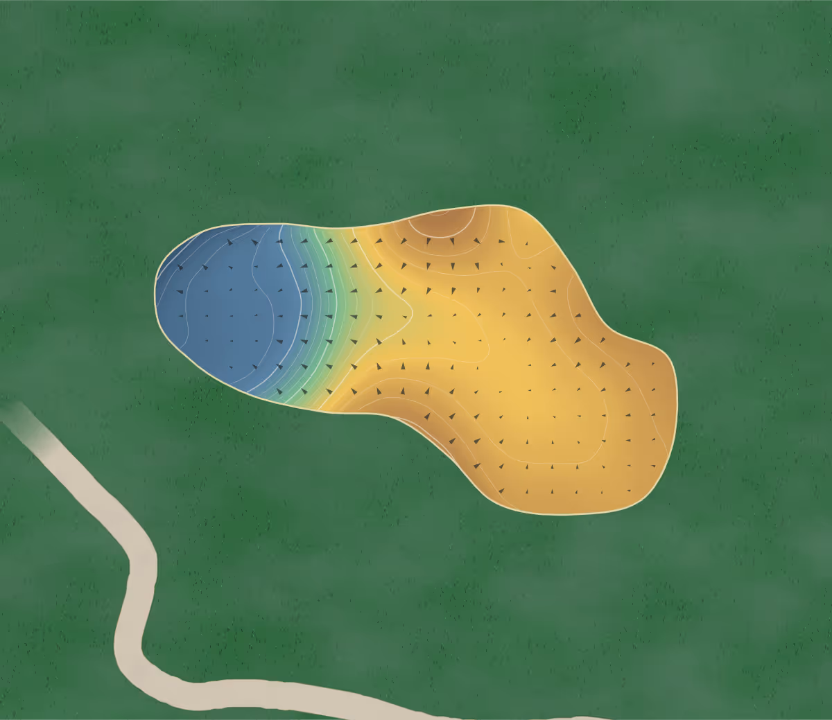 Green contour map of Slaley Hall in Hexham, England — 177 elevation contours at a 8-centimeter interval with fall-line arrows, traced from 1-meter lidar