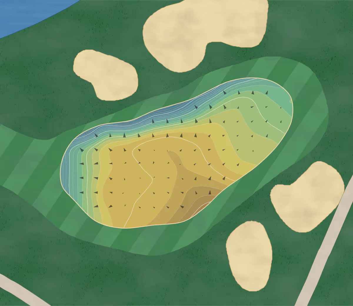 Green contour map of Slammer & Squire in St Augustine, Florida — 294 elevation contours at a 3-inch interval with fall-line arrows, traced from 1-meter lidar