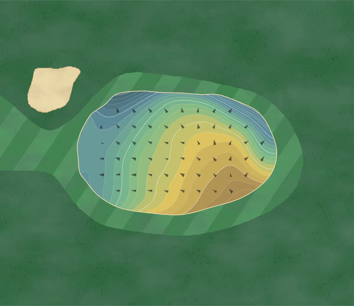 Green contour map of Sleepy Hollow Golf Course in Rome, New York — 147 elevation contours at a 3-inch interval with fall-line arrows, traced from 1-meter lidar