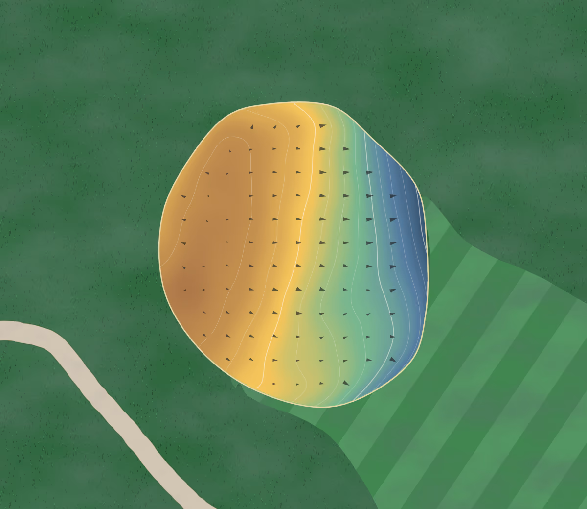 Green contour map of Smithfields in Easley, South Carolina: 20 elevation contours at a 3-inch interval with fall-line arrows, traced from 1-meter lidar