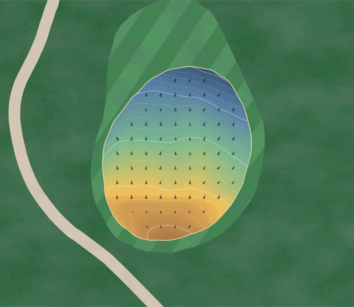 Green contour map of Smock Gc in Indianapolis, Indiana — 161 elevation contours at a 3-inch interval with fall-line arrows, traced from 1-meter lidar