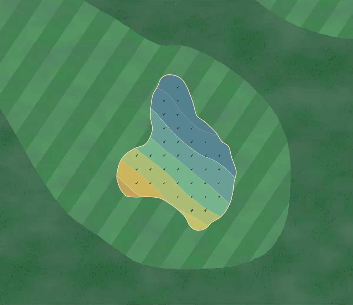 Green contour map of Solent Meads in Bournemouth, England — 62 elevation contours at a 8-centimeter interval with fall-line arrows, traced from 1-meter lidar