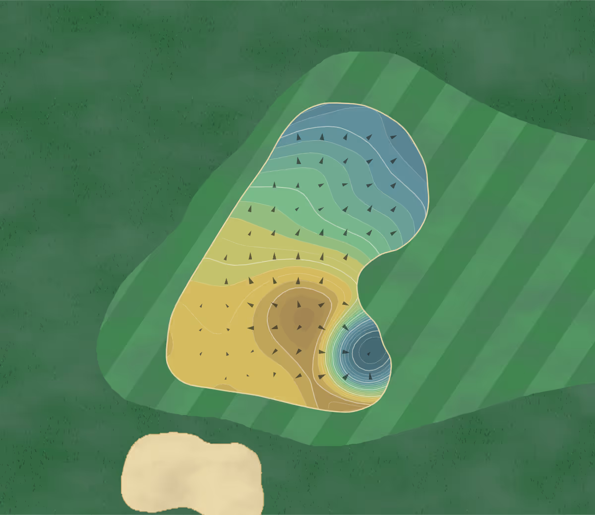 Green contour map of Solina GC in W. Columbia, South Carolina — 294 elevation contours at a 3-inch interval with fall-line arrows, traced from 1-meter lidar