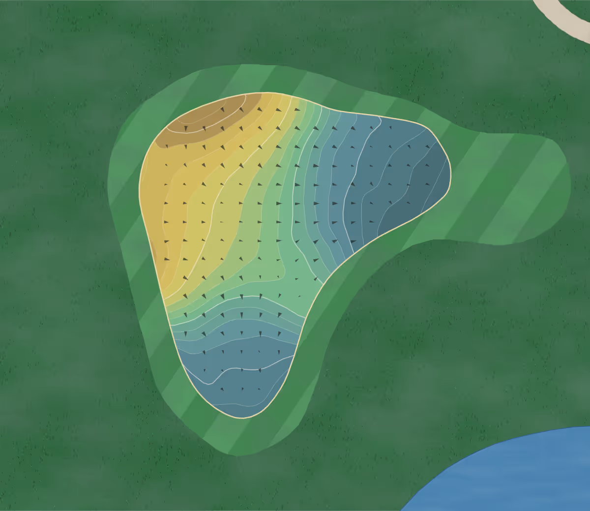 Green contour map of Solitude Links in Kimball, Michigan — 241 elevation contours at a 3-inch interval with fall-line arrows, traced from 1-meter lidar