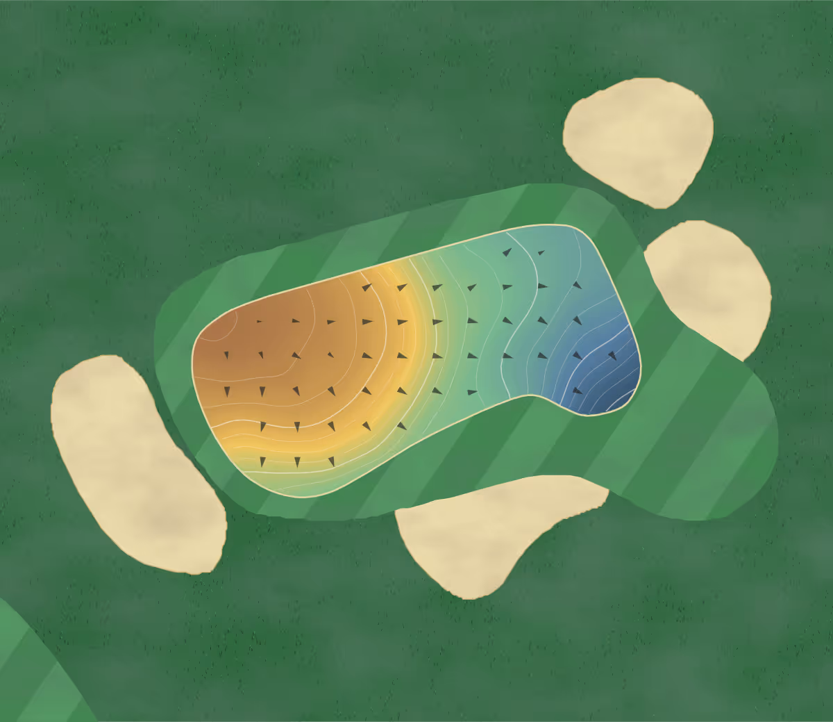 Green contour map of Somerley Park in United Kingdom — 79 elevation contours at a 8-centimeter interval with fall-line arrows, traced from 1-meter lidar