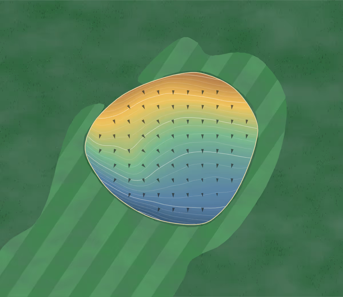 Green contour map of Sommet Du Golf in Marbleton, Canada: 53 elevation contours at a 8-centimeter interval with fall-line arrows, traced from 1-meter lidar