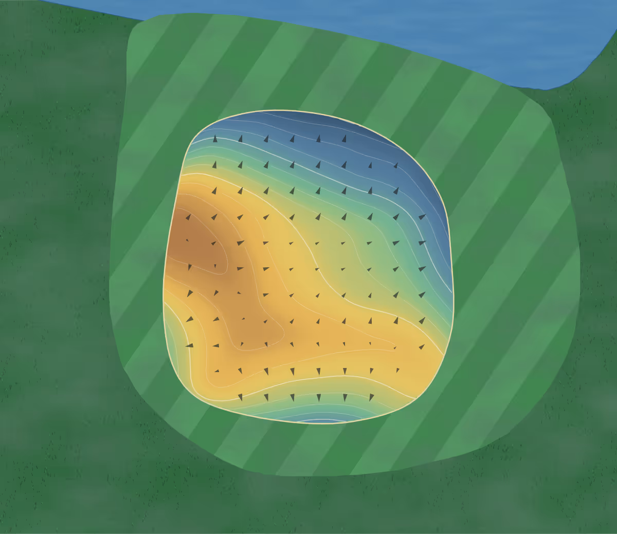 Green contour map of South Golf in Sun City, Arizona: 152 elevation contours at a 3-inch interval with fall-line arrows, traced from 1-meter lidar