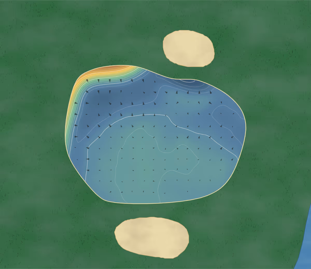 Green contour map of South Kyme in Lincoln, England — 126 elevation contours at a 8-centimeter interval with fall-line arrows, traced from 1-meter lidar