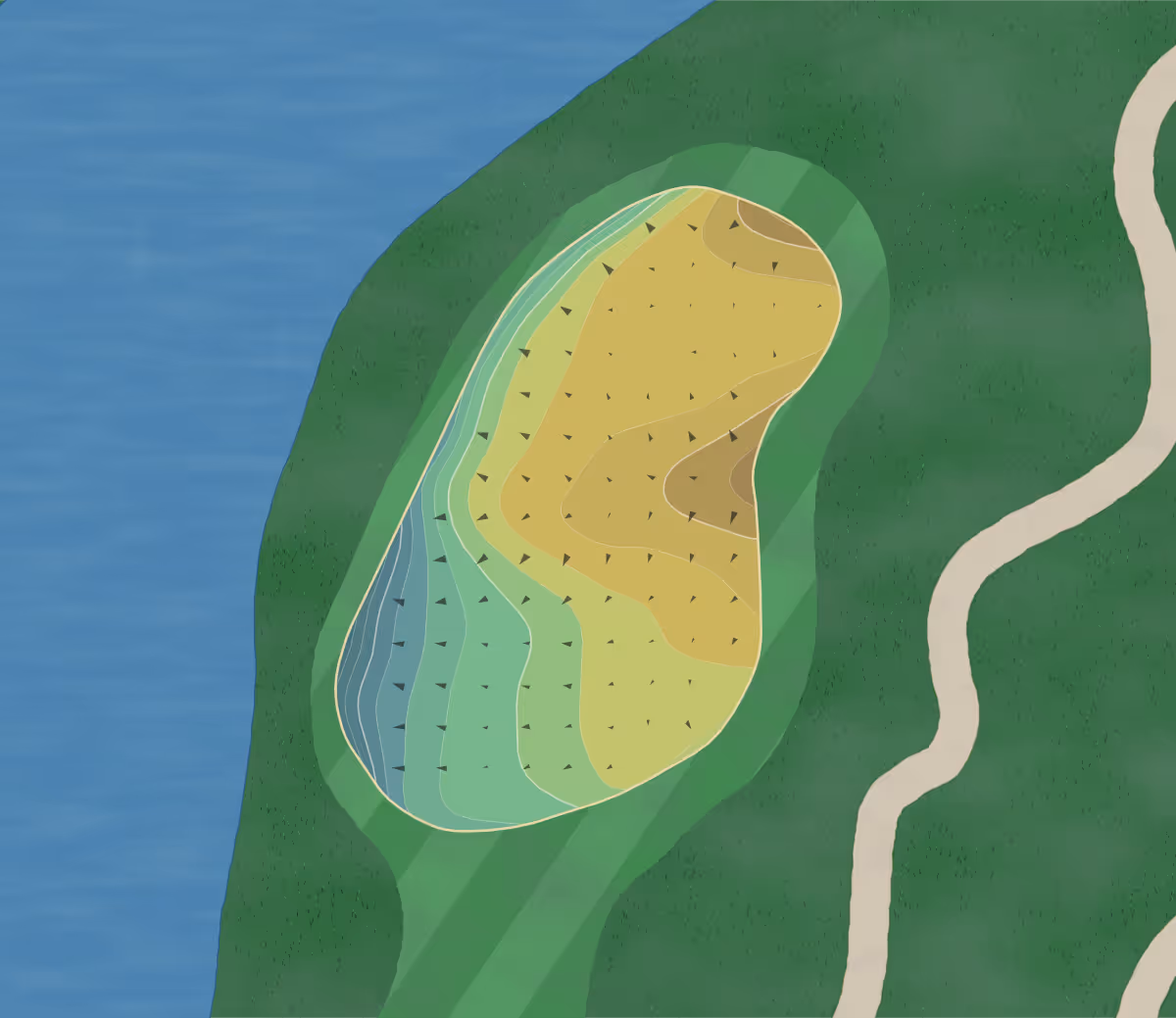 Green contour map of South Lakes in Jenks, Oklahoma — 210 elevation contours at a 3-inch interval with fall-line arrows, traced from 1-meter lidar