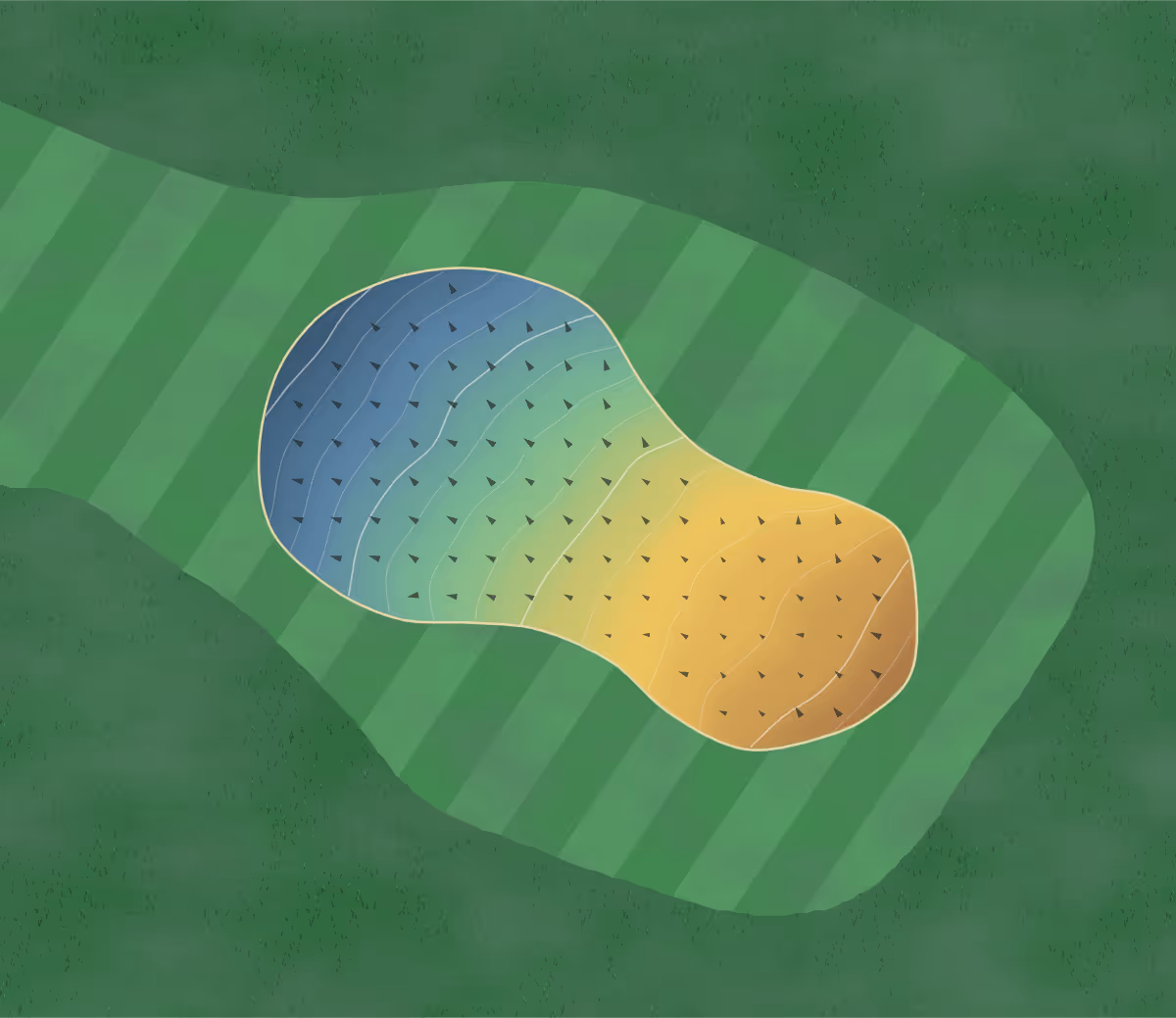 Green contour map of South Ronaldsay in Orkney, United Kingdom — 92 elevation contours at a 8-centimeter interval with fall-line arrows, traced from 1-meter lidar