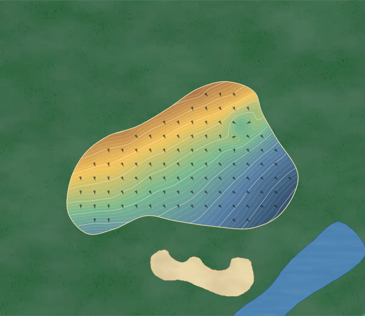 Green contour map of South Shore Village in South Kingstown, Rhode Island — 208 elevation contours at a 3-inch interval with fall-line arrows, traced from 1-meter lidar
