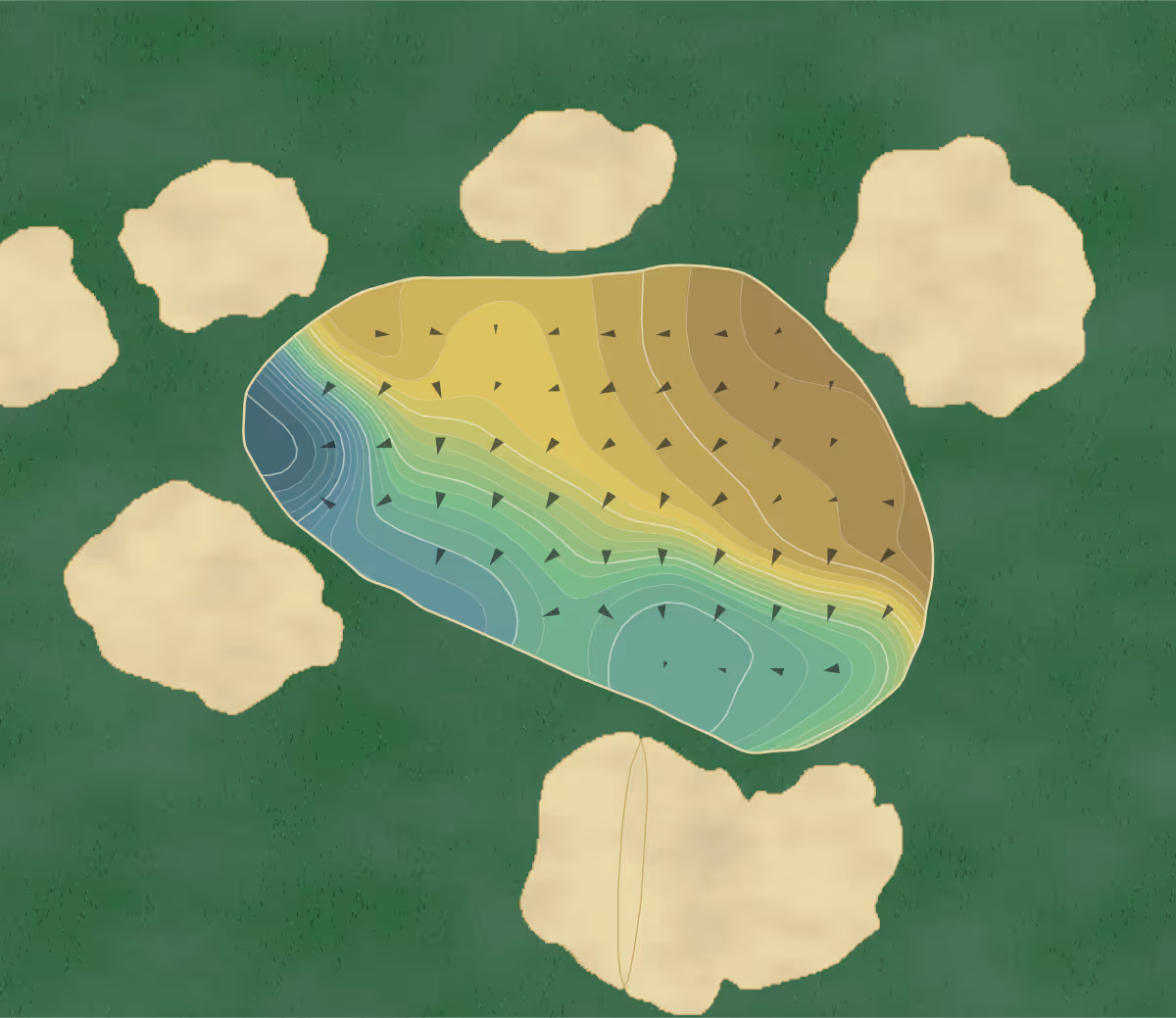 Green contour map of Southern Hills in Tulsa, Oklahoma — 365 elevation contours at a 3-inch interval with fall-line arrows, traced from 1-meter lidar