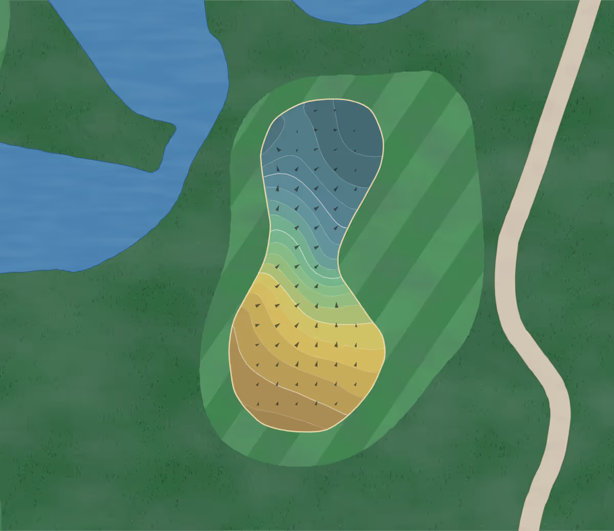Green contour map of Southern Hills in Farmington, Minnesota — 189 elevation contours at a 3-inch interval with fall-line arrows, traced from 1-meter lidar