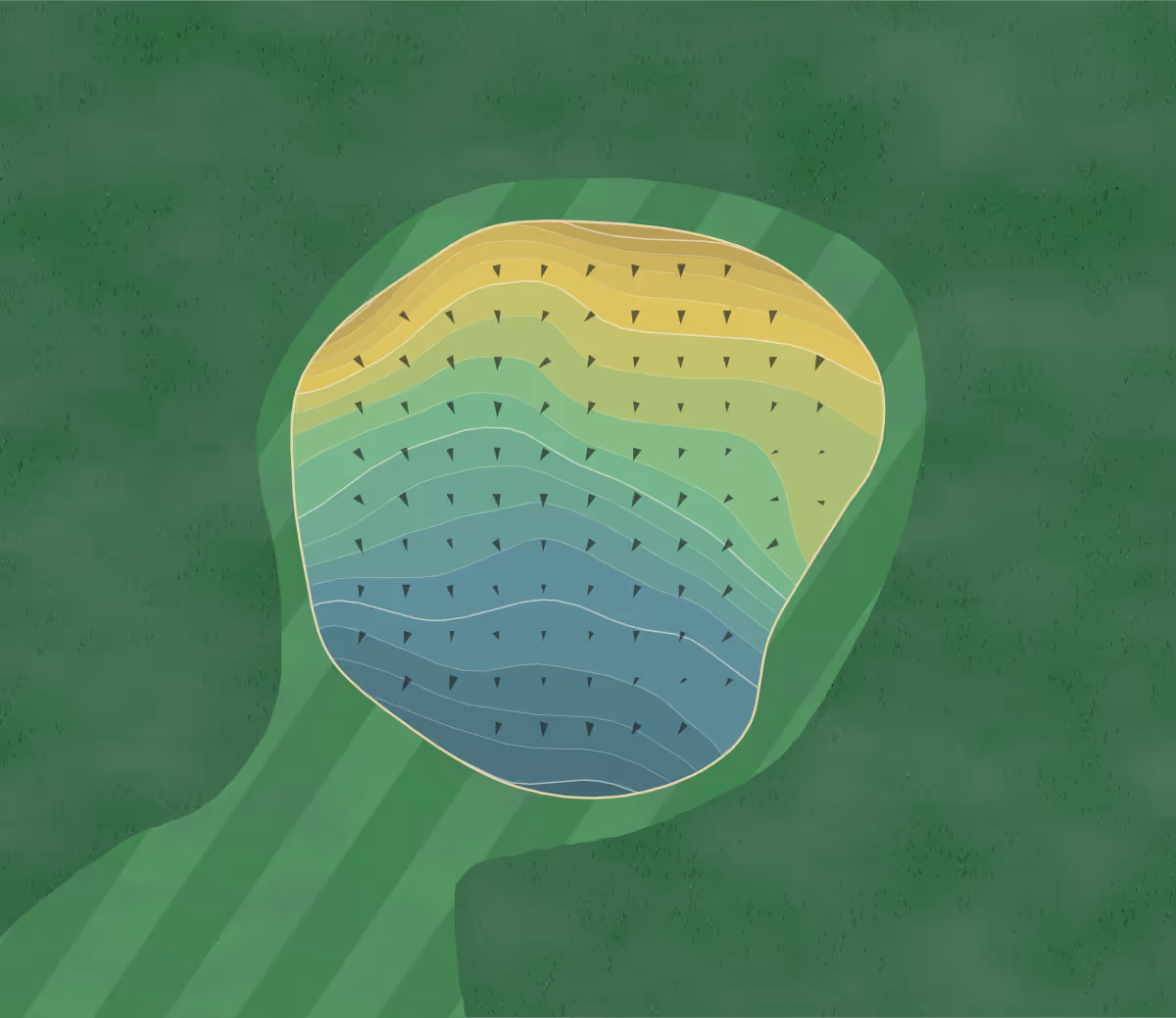 Green contour map of Southern Meadows in Rush, New York — 99 elevation contours at a 3-inch interval with fall-line arrows, traced from 1-meter lidar