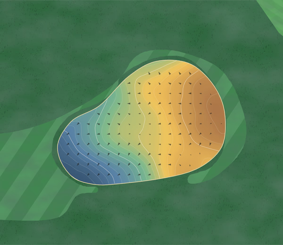 Green contour map of Southerndown in Bridgend, Wales: 185 elevation contours at a 8-centimeter interval with fall-line arrows, traced from 1-meter lidar