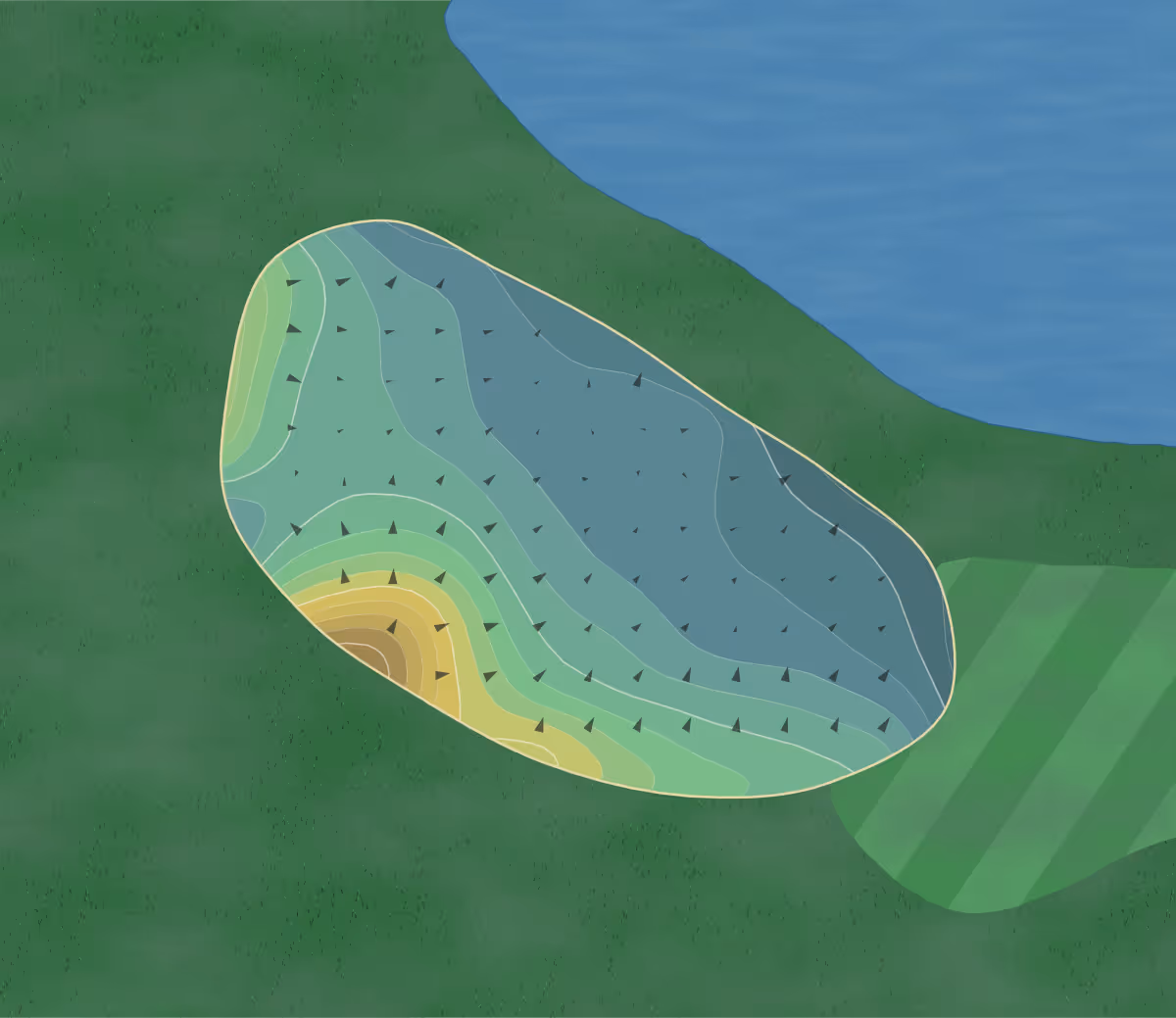 Green contour map of Southgate Gc in St. George, Utah — 190 elevation contours at a 3-inch interval with fall-line arrows, traced from 1-meter lidar