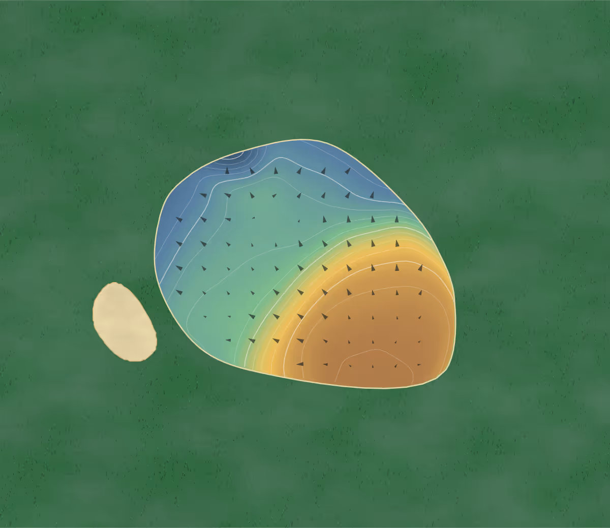 Green contour map of Southport Golf Academy in Preston, England — 40 elevation contours at a 8-centimeter interval with fall-line arrows, traced from 1-meter lidar