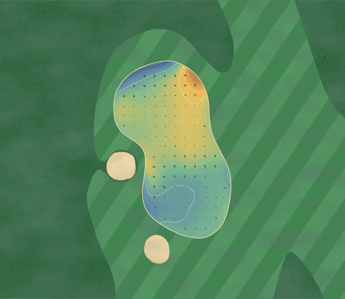Green contour map of Southport Old Links in Merseyside, Lancashire, England — 67 elevation contours at a 8-centimeter interval with fall-line arrows, traced from 1-meter lidar