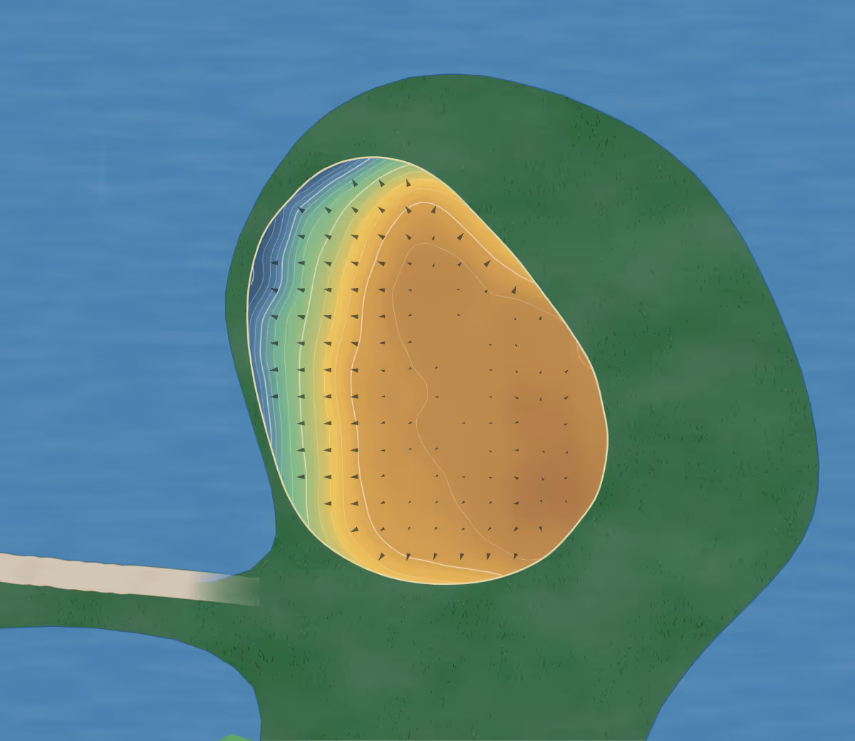 Green contour map of Southwell in Nr Newark, England — 115 elevation contours at a 8-centimeter interval with fall-line arrows, traced from 1-meter lidar