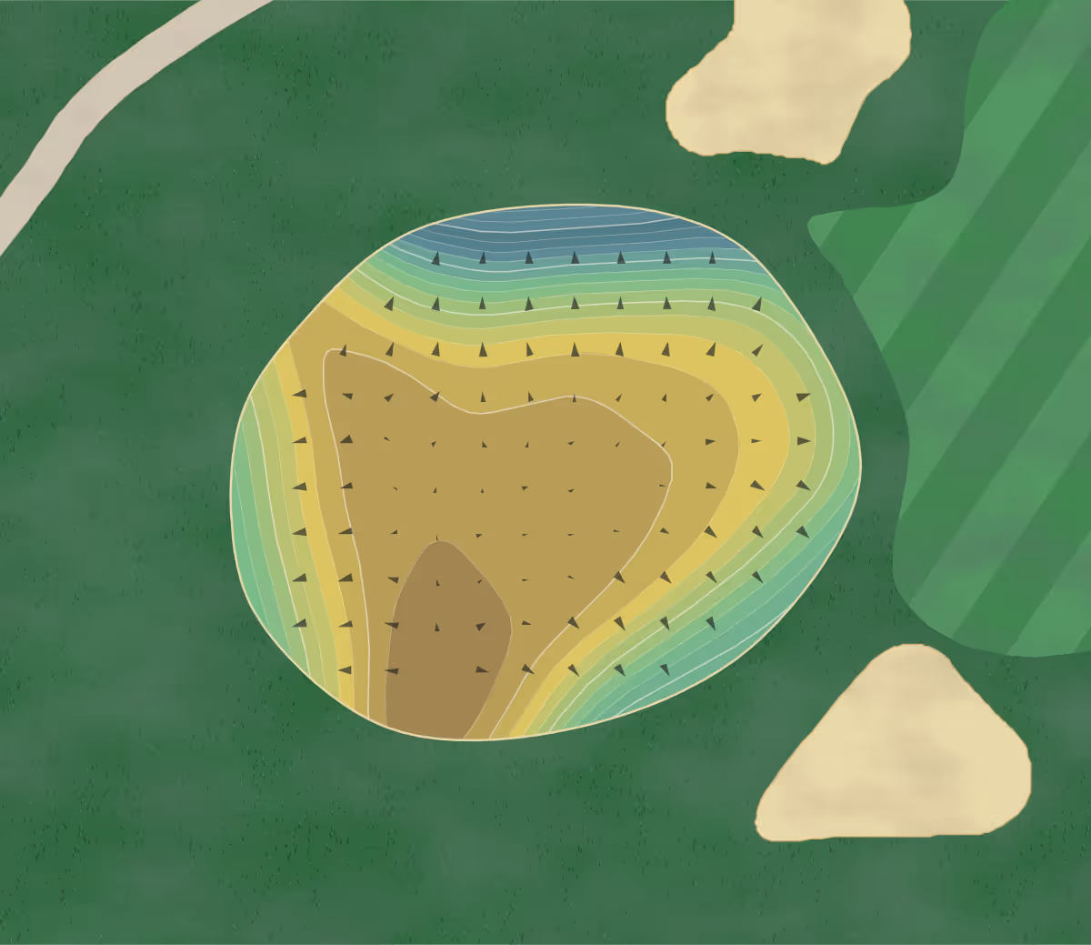 Green contour map of Southwestern Lakes in Percy, Illinois — 83 elevation contours at a 3-inch interval with fall-line arrows, traced from 1-meter lidar