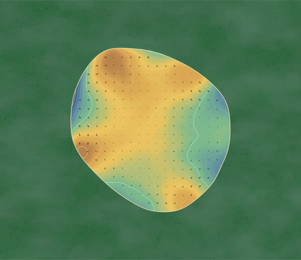 Green contour map of Southwood in Winnipeg, Canada: 235 elevation contours at a 8-centimeter interval with fall-line arrows, traced from 1-meter lidar