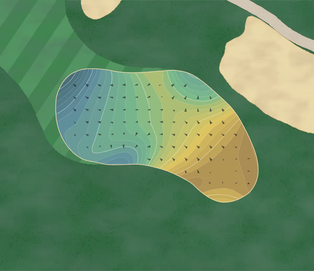 Green contour map of Spanish Bay in Pebble Beach, California — 349 elevation contours at a 3-inch interval with fall-line arrows, traced from 1-meter lidar