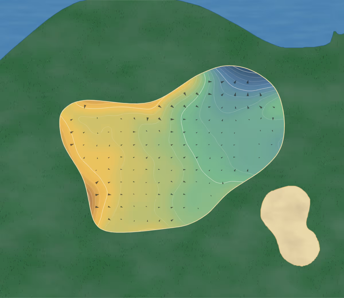 Green contour map of Spanish Oaks in Spanish Fork, Utah: 128 elevation contours at a 3-inch interval with fall-line arrows, traced from 1-meter lidar