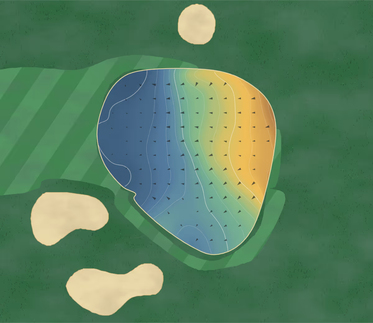Green contour map of Sparrow Lakes in Welland, Canada: 135 elevation contours at a 8-centimeter interval with fall-line arrows, traced from 1-meter lidar