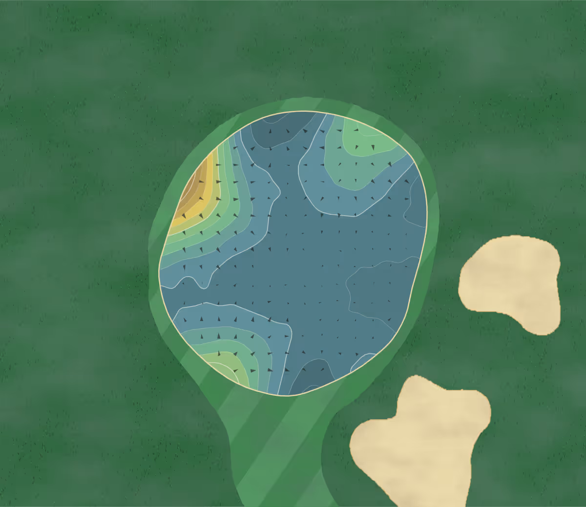 Green contour map of Spey Valley in Aviemore, Scotland — 214 elevation contours at a 8-centimeter interval with fall-line arrows, traced from 1-meter lidar