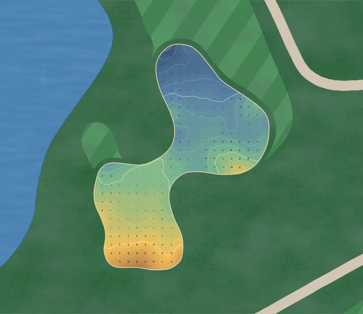 Green contour map of Green Garden CC in Frankfort, Illinois: 208 elevation contours at a 3-inch interval with fall-line arrows, traced from 1-meter lidar