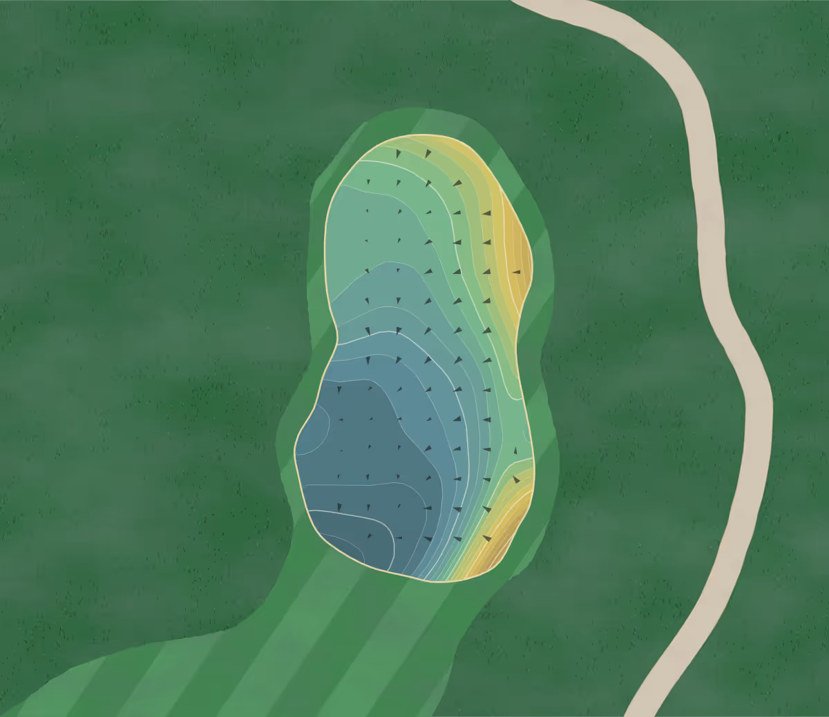 Green contour map of Spring Creek in Gordonsville, Virginia — 239 elevation contours at a 3-inch interval with fall-line arrows, traced from 1-meter lidar