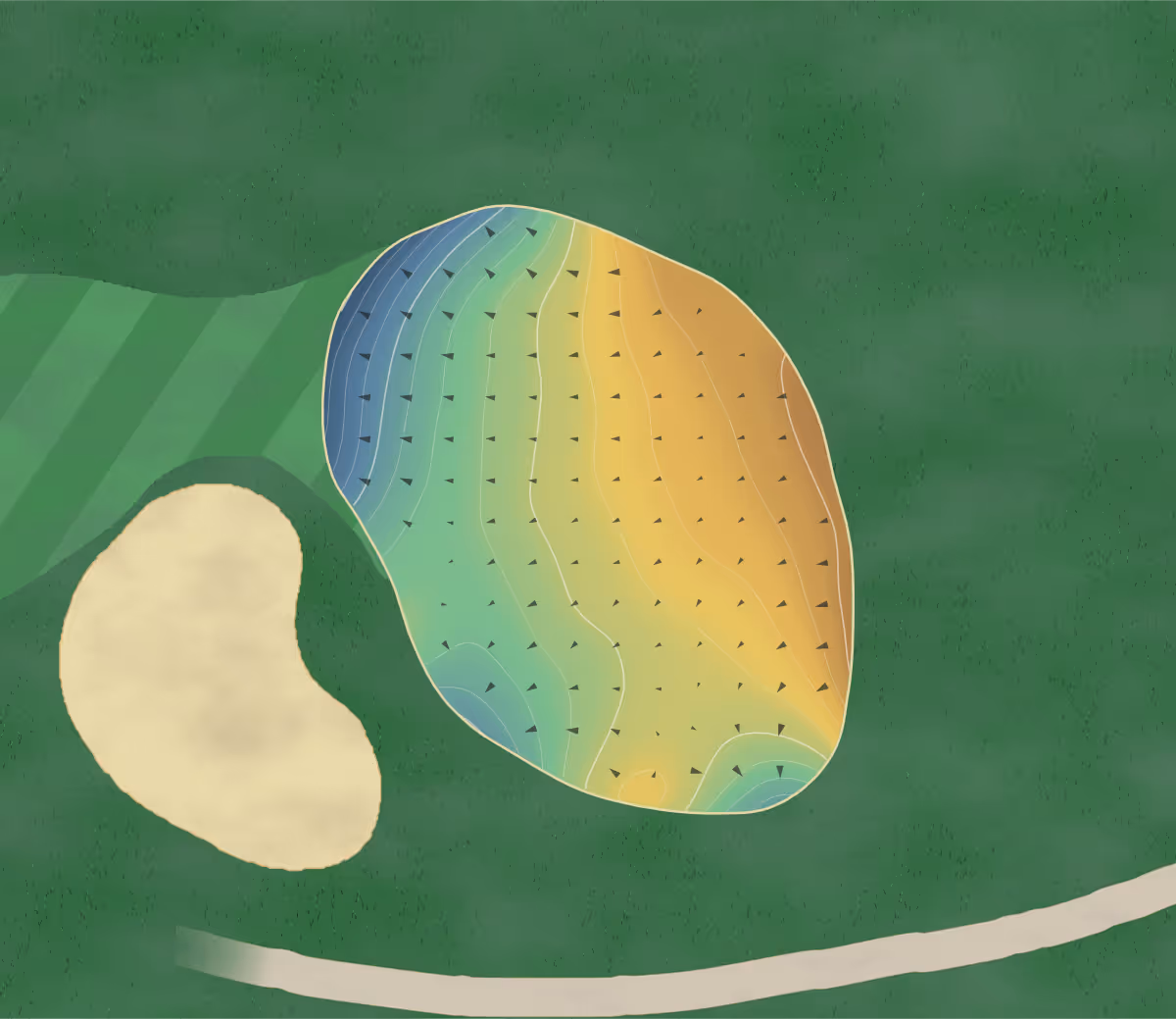 Green contour map of Spring Lakes in Whitchurch-Stouffville, Canada: 195 elevation contours at a 8-centimeter interval with fall-line arrows, traced from 1-meter lidar
