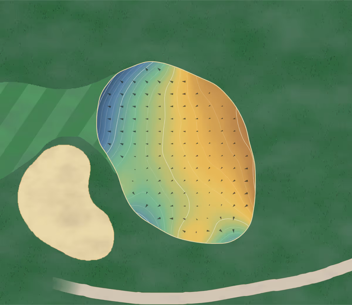 Green contour map of Spring Lakes in Whitchurch-Stouffville, Canada — 195 elevation contours at a 8-centimeter interval with fall-line arrows, traced from 1-meter lidar