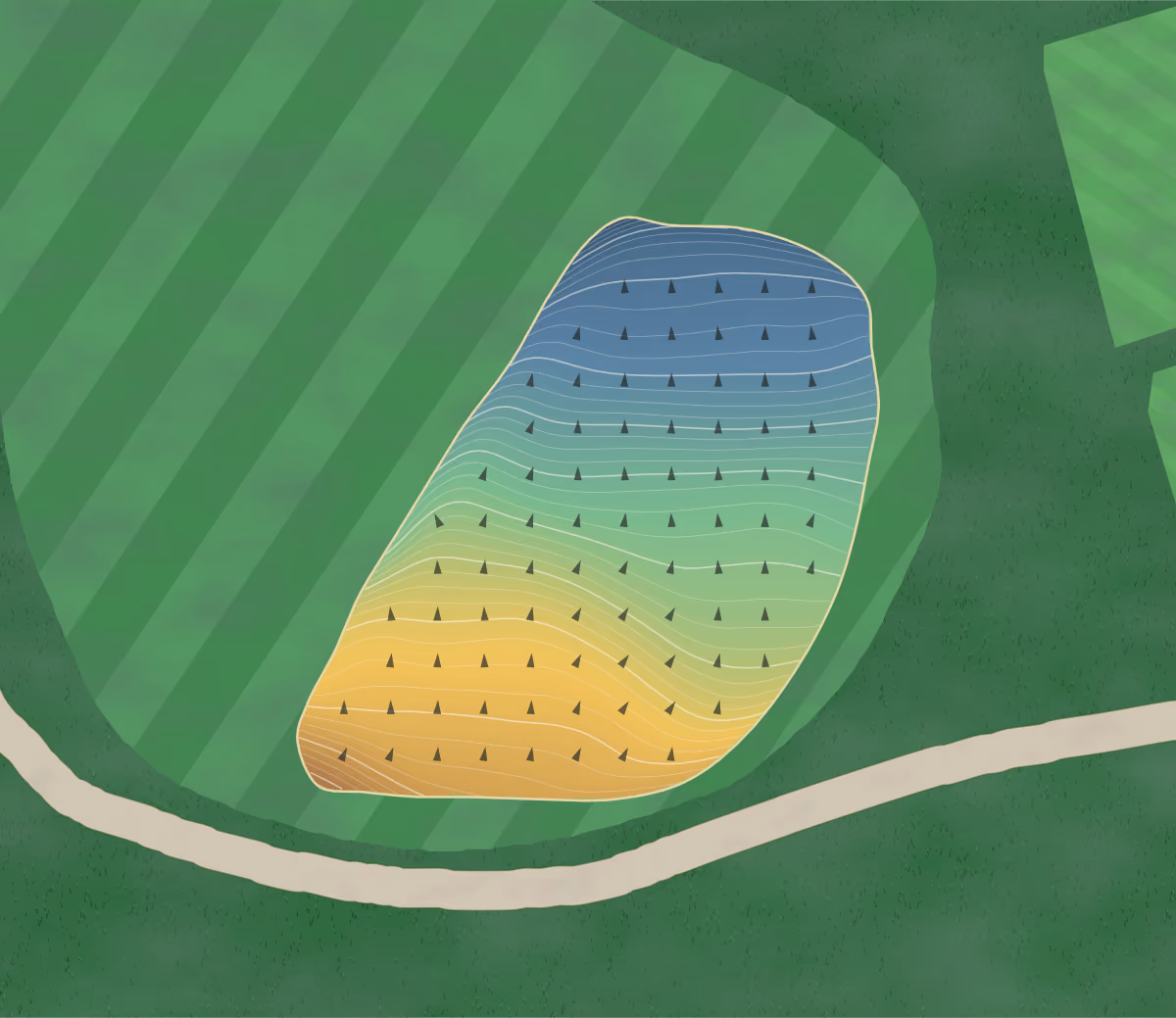 Green contour map of Spring Valley Golf Course in East Sparta, Ohio: 283 elevation contours at a 3-inch interval with fall-line arrows, traced from 1-meter lidar