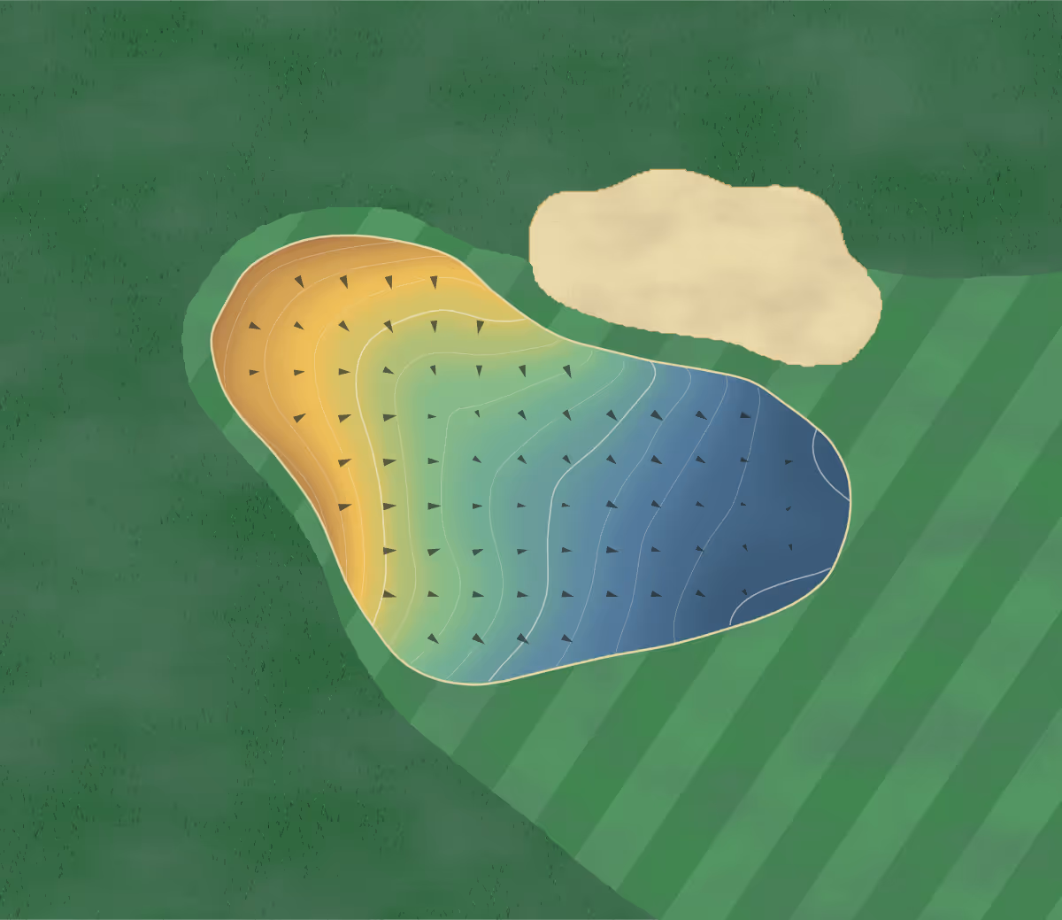 Green contour map of Springbrook in Naperville, Illinois: 68 elevation contours at a 3-inch interval with fall-line arrows, traced from 1-meter lidar
