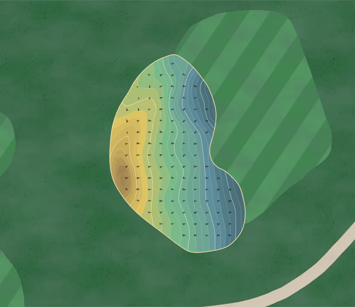 Green contour map of Springfield CC in Springfield, Pennsylvania — 224 elevation contours at a 3-inch interval with fall-line arrows, traced from 1-meter lidar
