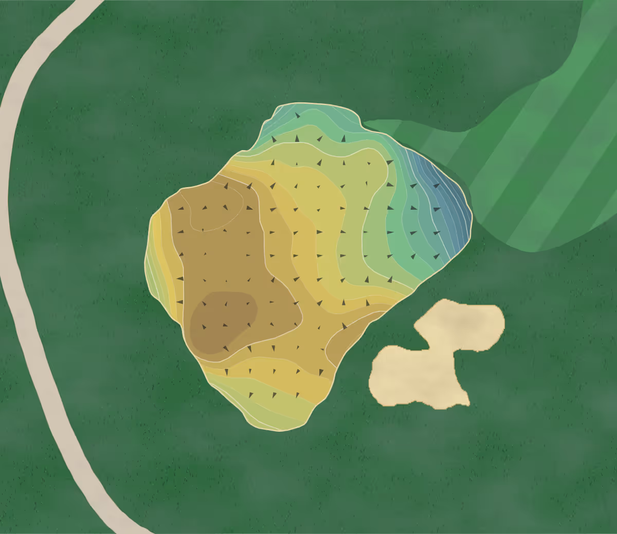 Green contour map of Springfield GC in Ft. Mill, South Carolina — 298 elevation contours at a 3-inch interval with fall-line arrows, traced from 1-meter lidar