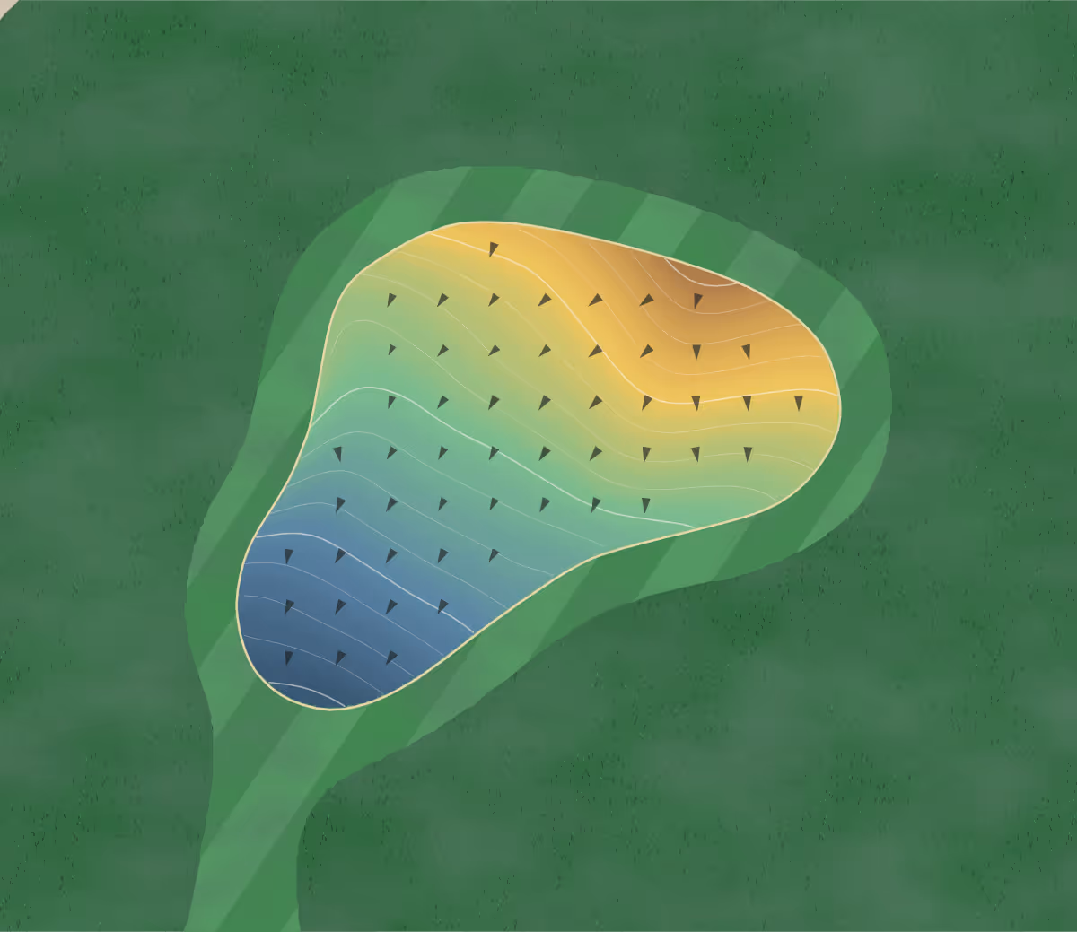 Green contour map of Springfield CC in Springfield, Missouri: 76 elevation contours at a 3-inch interval with fall-line arrows, traced from 1-meter lidar