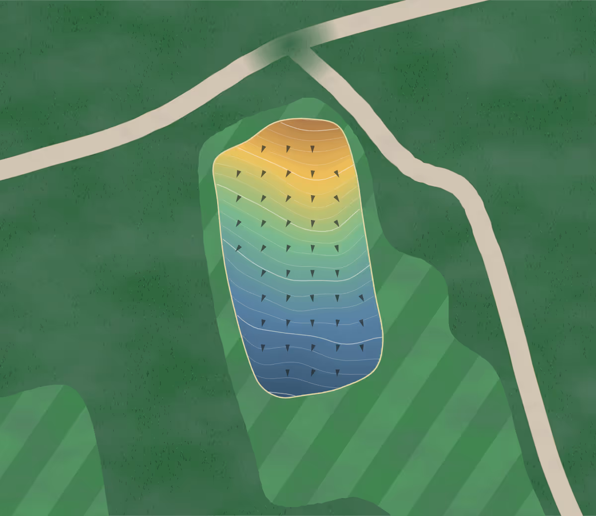 Green contour map of Springview Farm in Waterford, Canada — 167 elevation contours at a 8-centimeter interval with fall-line arrows, traced from 1-meter lidar
