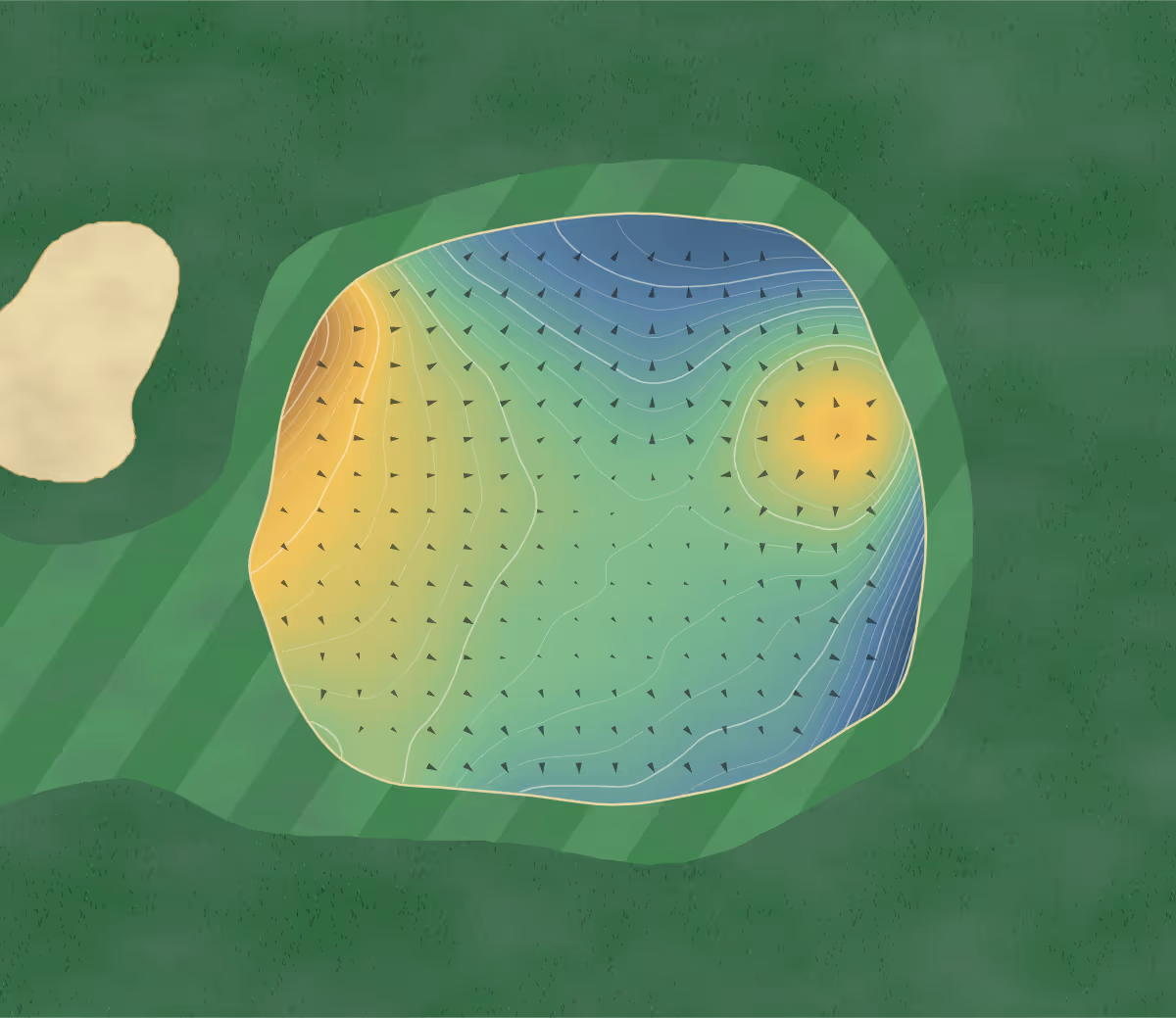 Green contour map of Sprowston Manor in Norwich, United Kingdom — 236 elevation contours at a 8-centimeter interval with fall-line arrows, traced from 1-meter lidar