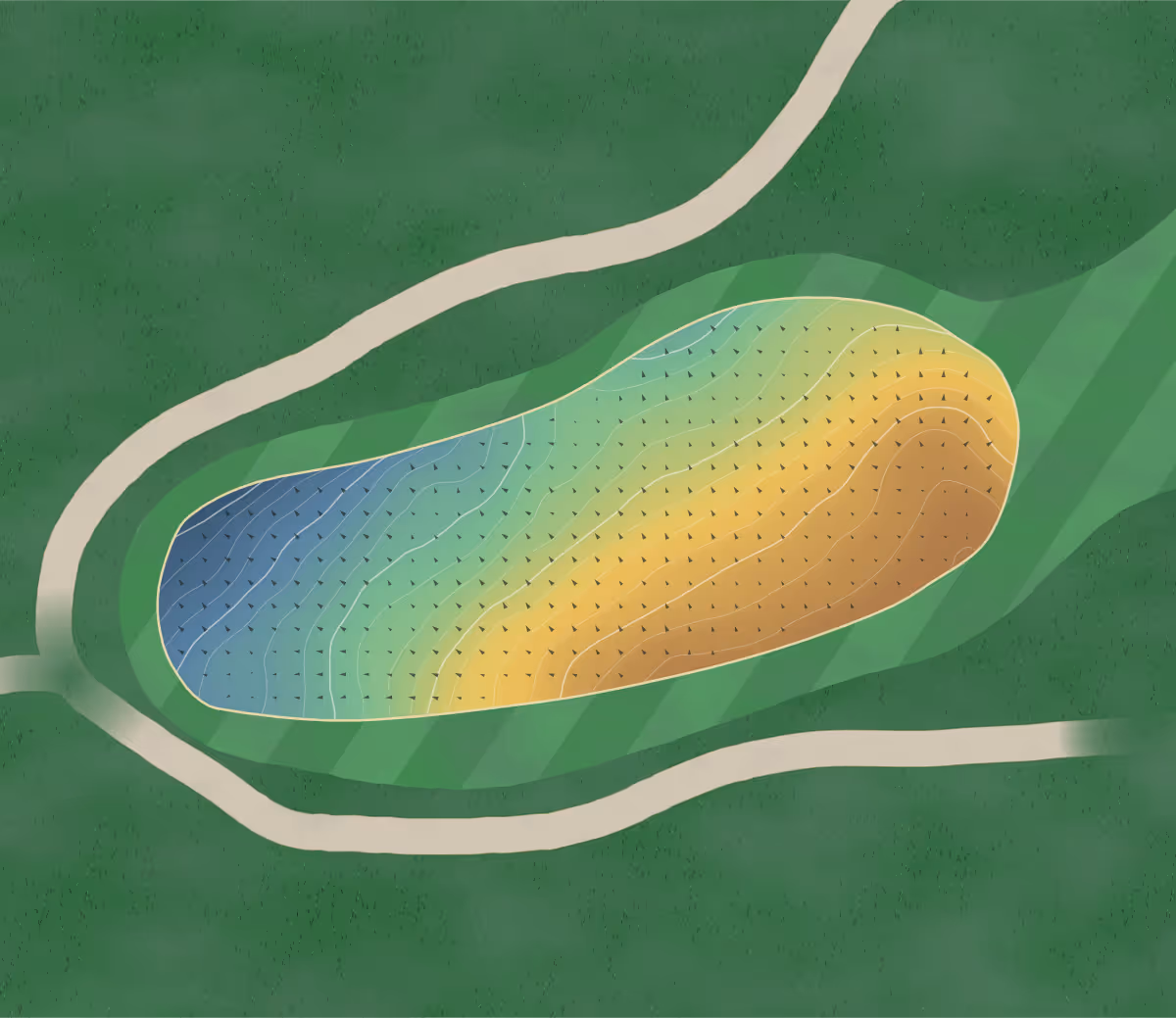 Green contour map of Spruce Meadows in Sexsmith, Canada — 175 elevation contours at a 8-centimeter interval with fall-line arrows, traced from 1-meter lidar