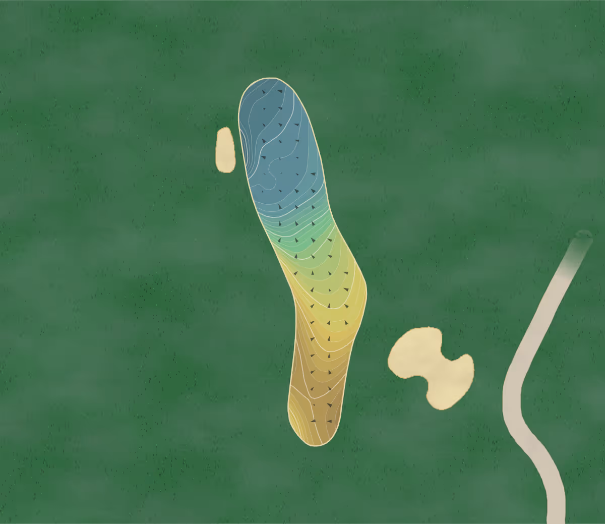 Green contour map of Spyglass Hill in Pebble Beach, California — 310 elevation contours at a 3-inch interval with fall-line arrows, traced from 1-meter lidar