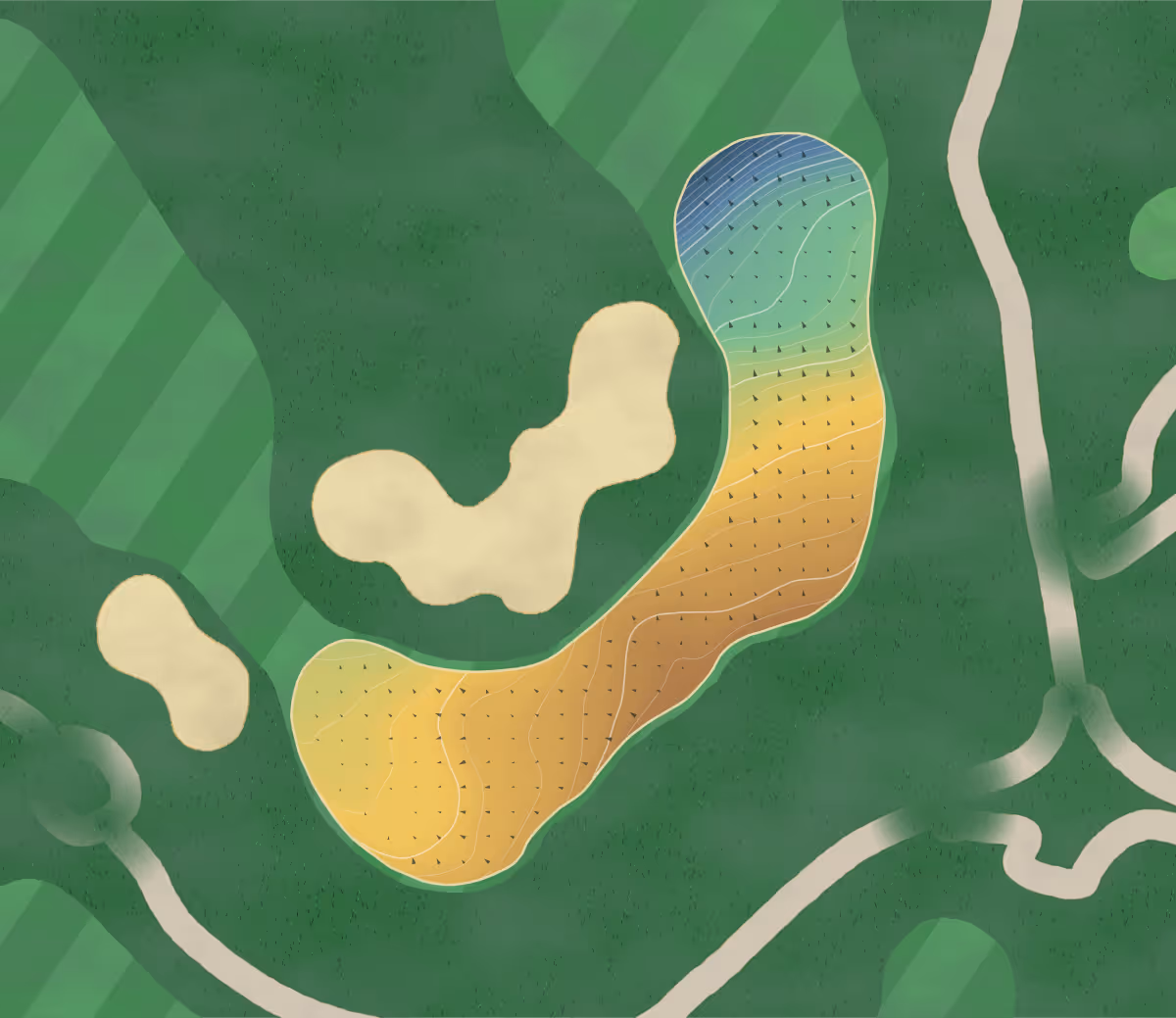 Green contour map of St. Andrew's East Golf & Country Club in Stouffville, Canada — 161 elevation contours at a 8-centimeter interval with fall-line arrows, traced from 1-meter lidar