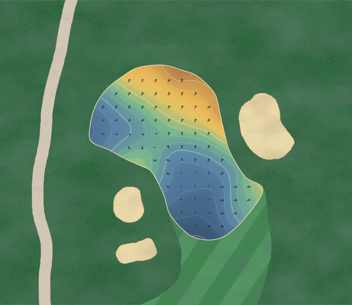 Green contour map of St. Andrew's Valley in Aurora, Canada — 171 elevation contours at a 8-centimeter interval with fall-line arrows, traced from 1-meter lidar