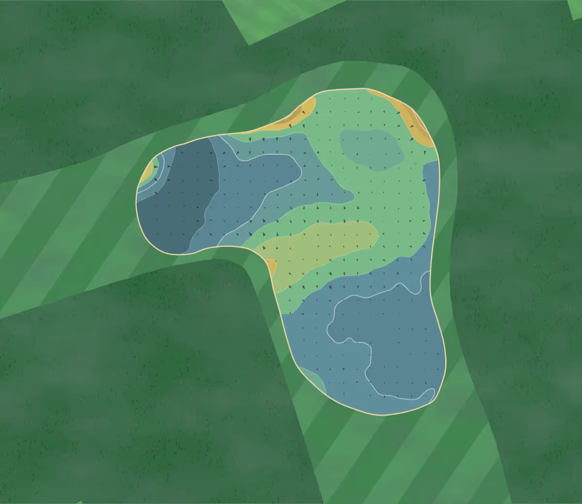 Green contour map of The Balgove Course in St Andrews, Scotland — 57 elevation contours at a 8-centimeter interval with fall-line arrows, traced from 1-meter lidar